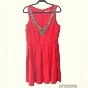 Alexia Admor Red Beaded Neckline Fit & Flare Pleated Southwestern Dress L